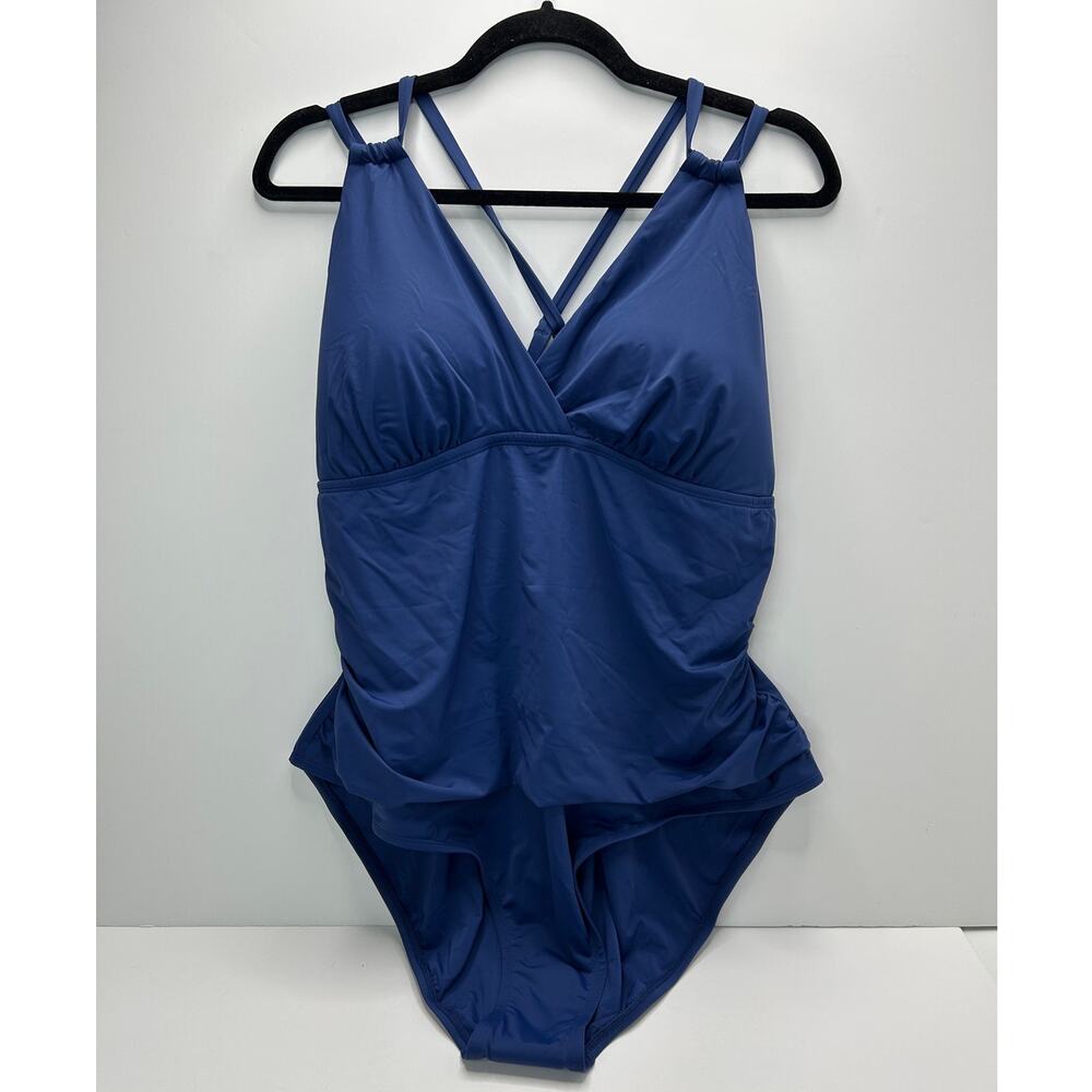 Jantzen Cross Double Strap Ruched Belly One Piece Swimsuit Blue Women 20W NWT